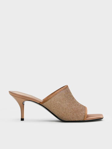 Sepatu Mules Heeled Glittered Mesh, Brown, hi-res