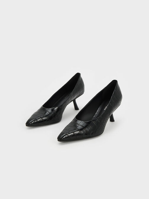 Sepatu Pumps Slant Heel Croc-Effect, Animal Print Black, hi-res