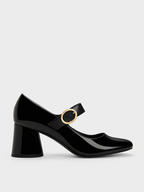 Patent Cylindrical Block Heel Mary Janes, Black Patent, hi-res