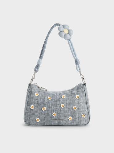 Tas Selempang Flower Philomena Raffia, Misty Blue, hi-res