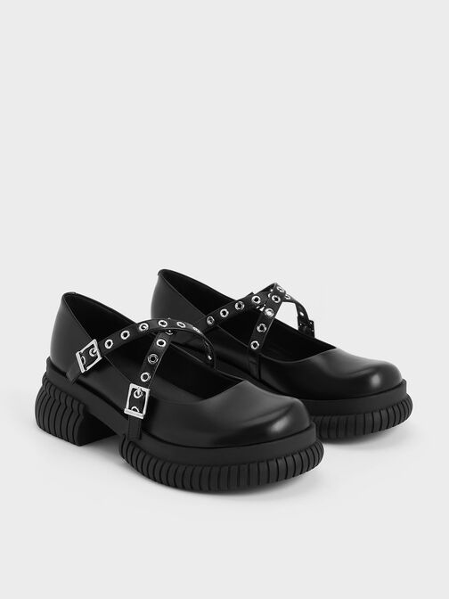 Sepatu Mary Janes Platform Grommet-Strap, Black, hi-res