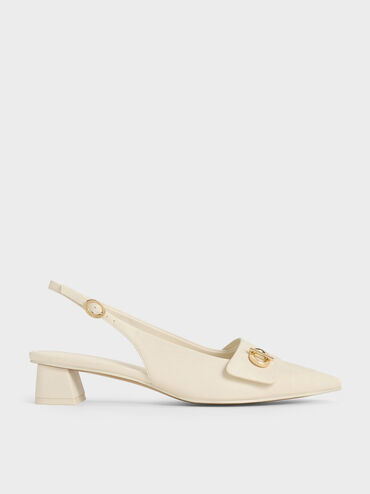Sepatu Slingback Pumps Pointed-Toe Metallic-Accent, Chalk, hi-res