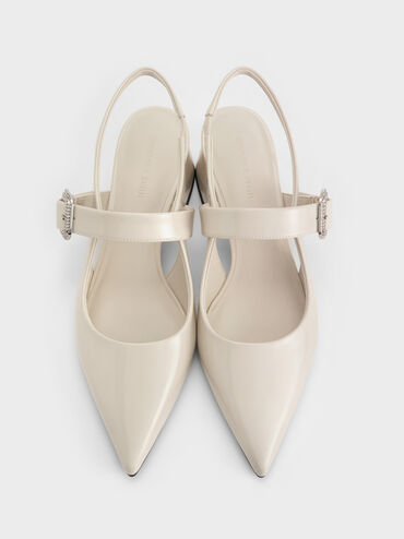 Patent Crystal-Buckle Block-Heel Slingback Pumps, Chalk, hi-res