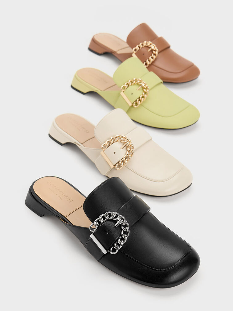 Chain-Buckled Leather Mules, Chalk, hi-res