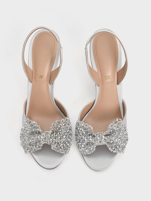 Sepatu Slingback Pumps Beaded Bow Recycled Polyester, Silver, hi-res