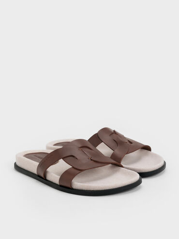 Sandal Slide Cut-Out Interwoven Linen, Dark Brown, hi-res