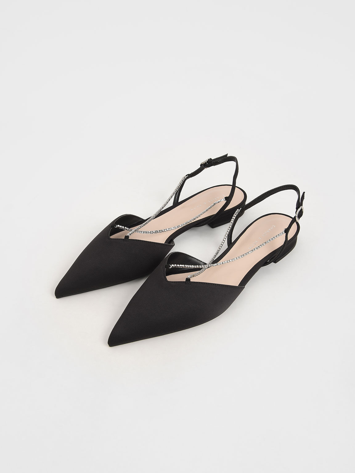 Sepatu Slingback Flats Satin Gem-Embellished, Black, hi-res