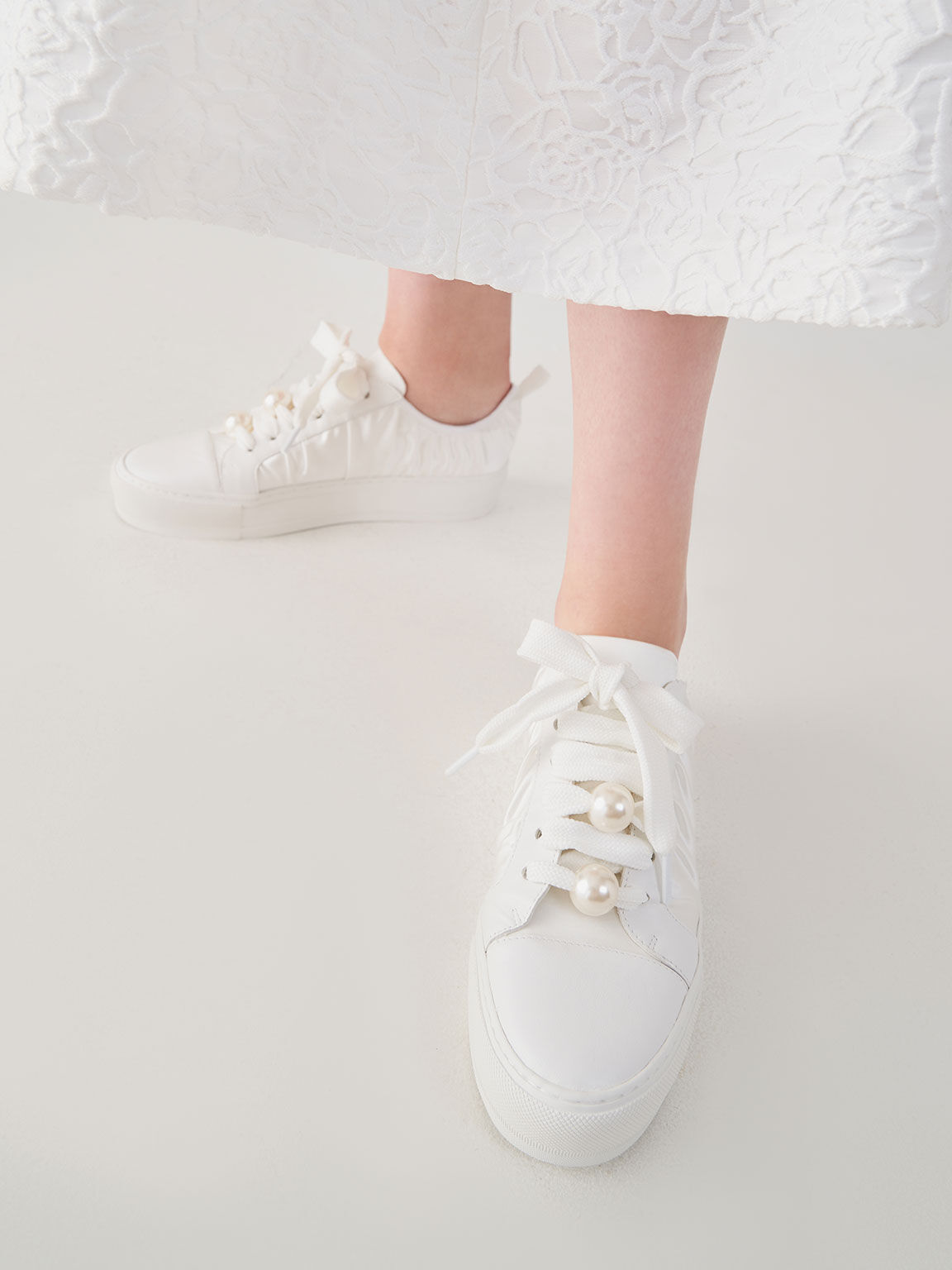 The Bridal Collection: Sneakers Blythe Leather & Satin Bead-Embellished, White, hi-res