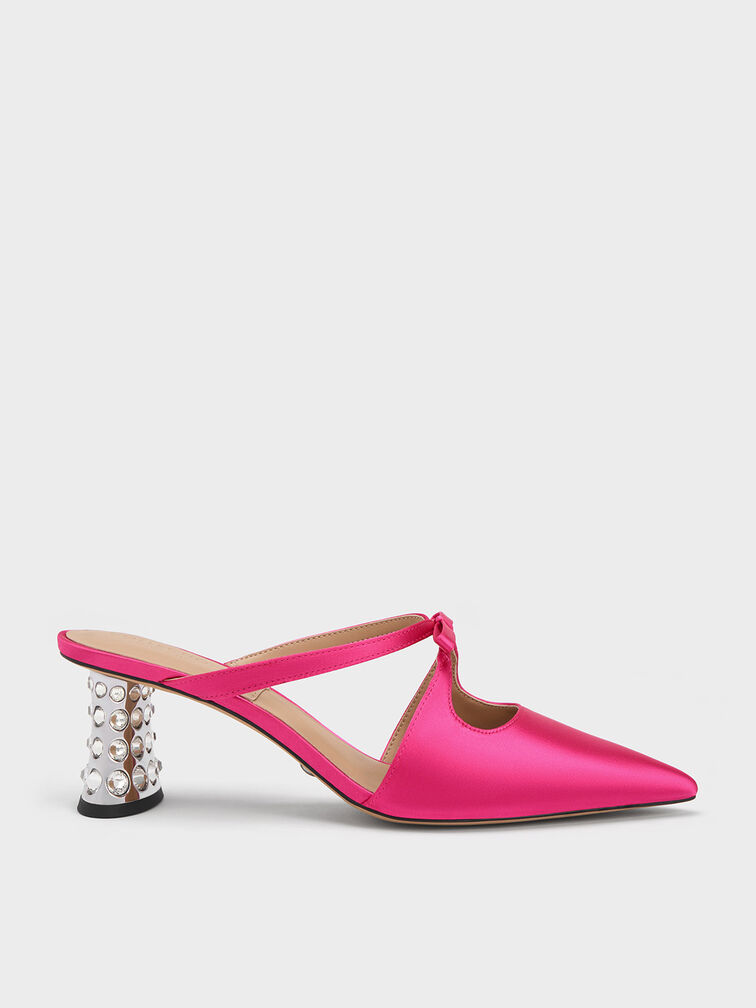 Sepatu Mules Crossover Gem-Embellished Bow, Pink, hi-res