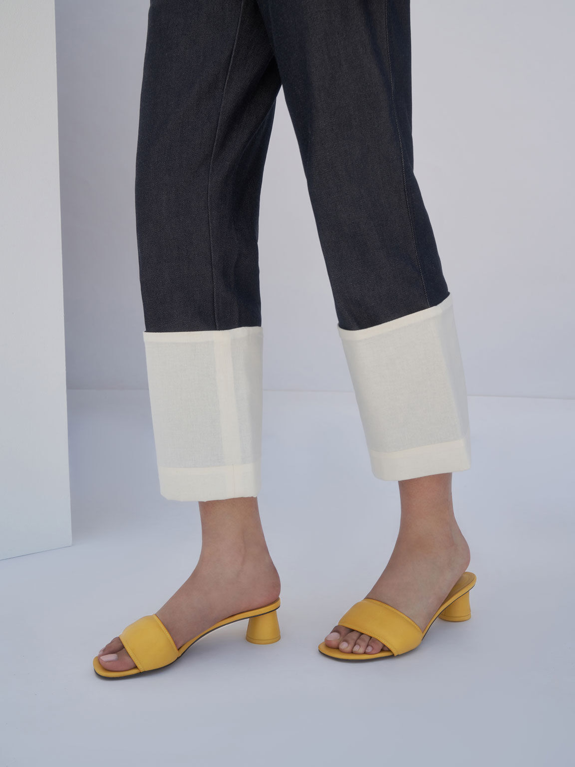 Sandal Puffy Cylindrical Heel Mules, Mustard, hi-res
