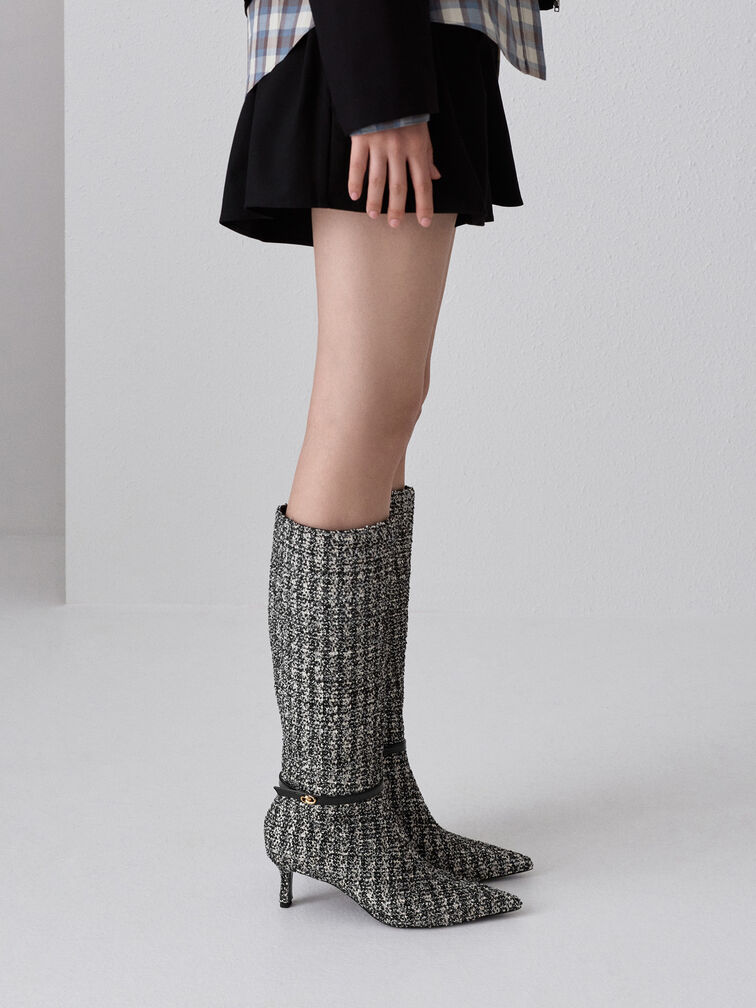 Tweed Pointed Heeled Knee-High Boots, Black Textured, hi-res