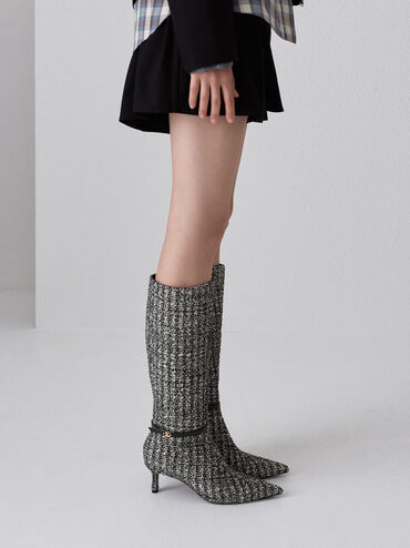 Tweed Pointed Heeled Knee-High Boots, Black Textured, hi-res
