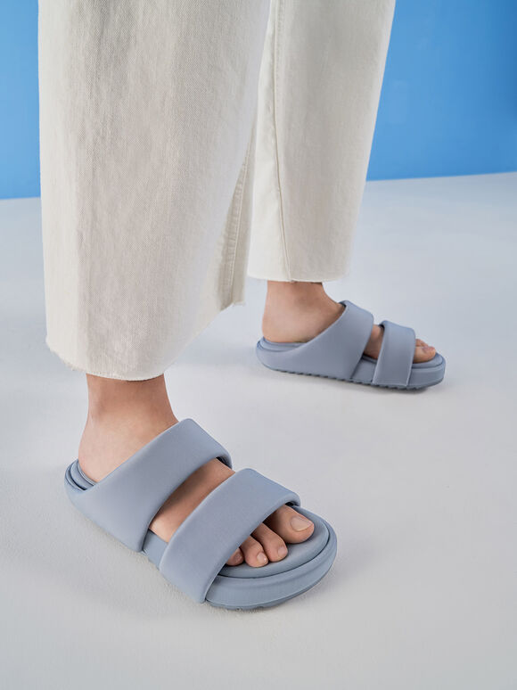 Recycled Polyester Padded Slide Sandals, Light Blue, hi-res