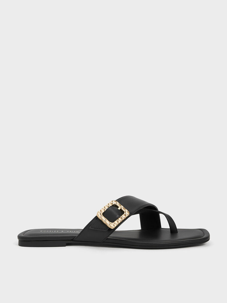 Quilted Buckle Thong Sandals, Black, hi-res