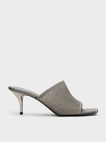 Sepatu Mules Heeled Glittered Mesh, Grey, hi-res