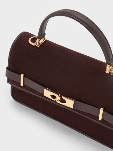 Tas Top Handle Belted Arlet Recycled Suede, Espresso Brown, hi-res