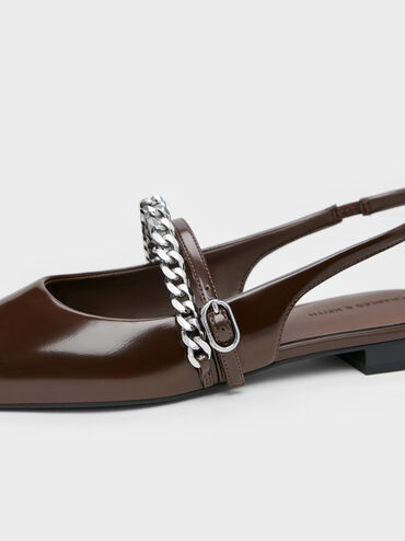 Sepatu Flats Slingback Chain Pointed Georgie, Dark Brown, hi-res