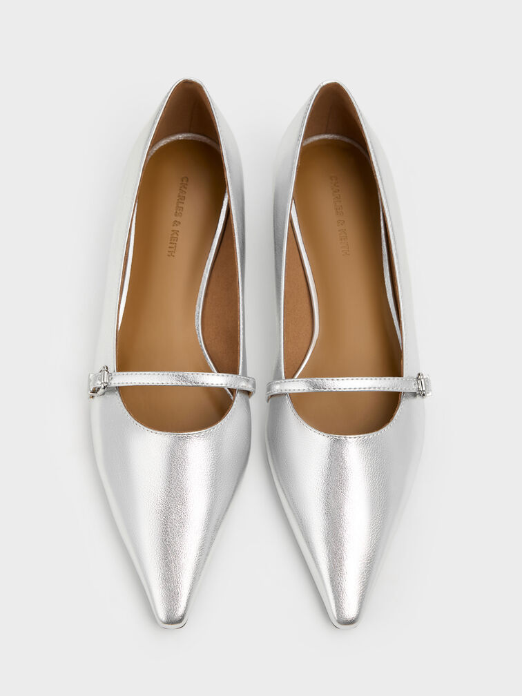 Metallic Pointed Ballet Flats, Silver, hi-res