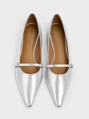 Metallic Pointed Ballet Flats, Silver, hi-res