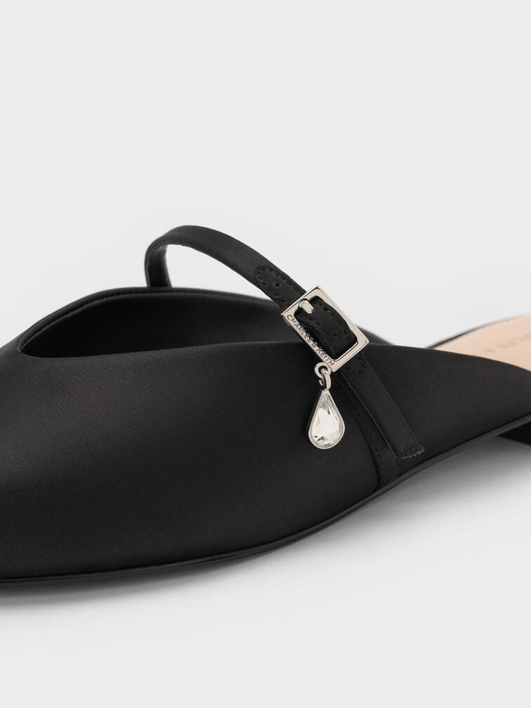 Sepatu Mules Teardrop-Crystal Flat Satin, Black Textured, hi-res