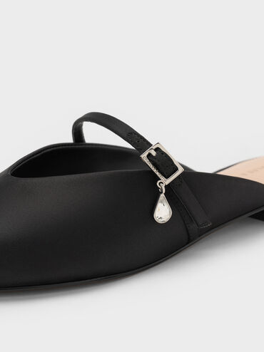 Sepatu Mules Teardrop-Crystal Flat Satin, Black Textured, hi-res