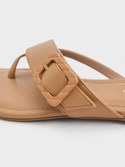 Sandal Thong Quilted Buckle, Camel, hi-res