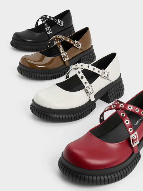 Sepatu Mary Janes Platform Grommet-Strap, White, hi-res