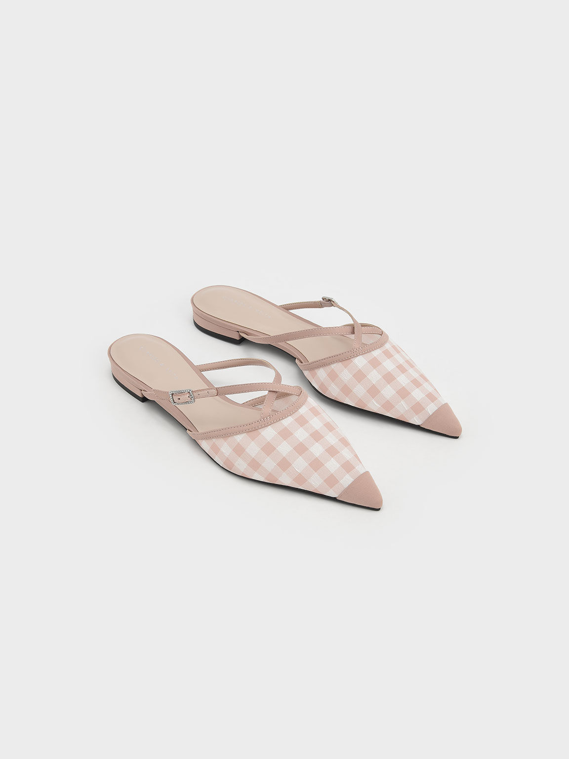 Sepatu Strappy Mules Satin Check-Print Pointed-Toe, Blush, hi-res