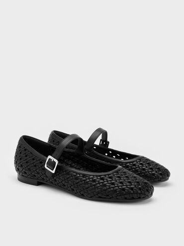 Sepatu Flats Mary Jane Woven, Black, hi-res
