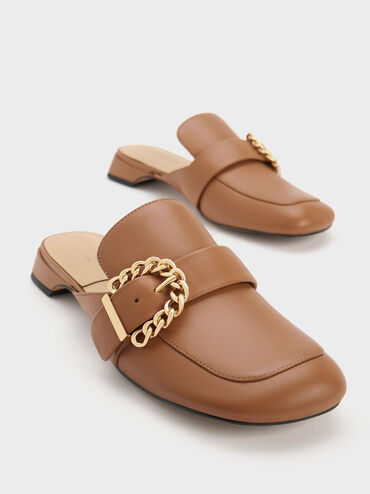 Sepatu Mules Leather Chain-Buckled, Brown, hi-res