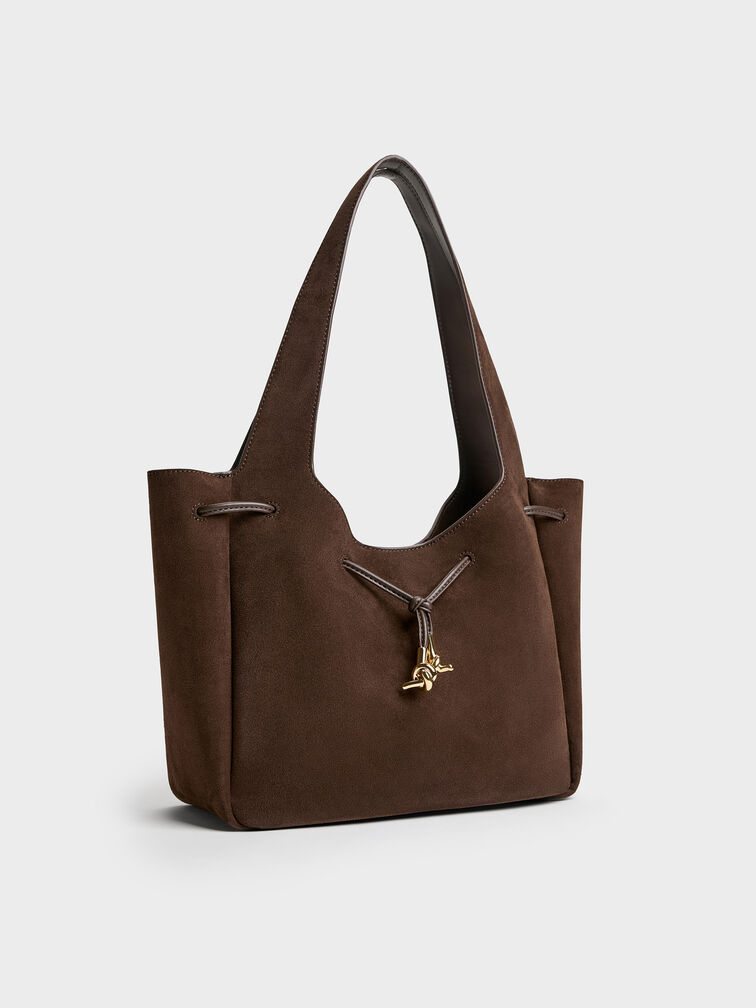 Tas Tote Drawstring Metallic-Knot Mila Recycled Suede, Espresso Brown, hi-res