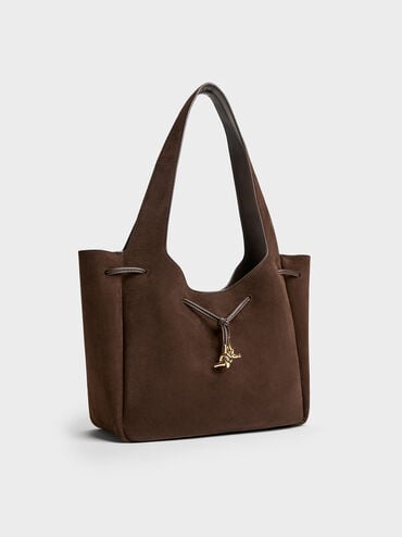 Mila Recycled Suede Metallic-Knot Drawstring Tote Bag, Espresso Brown, hi-res