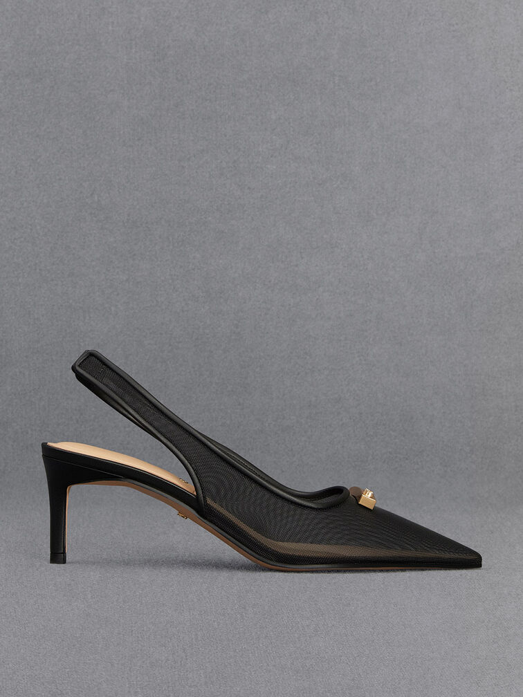 Sepatu Slingback Pumps Pointed-Toe Mesh, Black Textured, hi-res