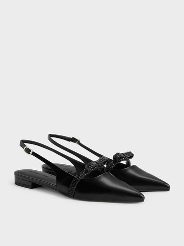 Sepatu Flats Slingback Woven-Bow Kaleen, Black, hi-res