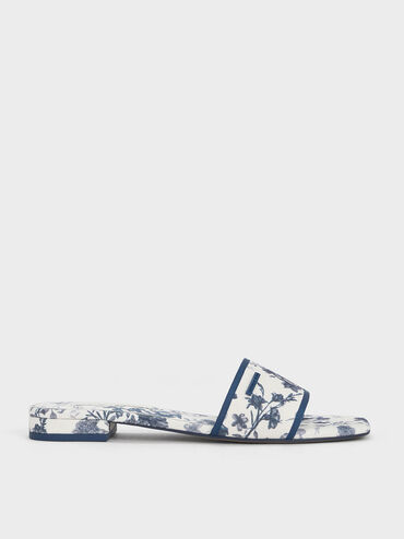 Floral-Print Slide Sandals, Blue, hi-res