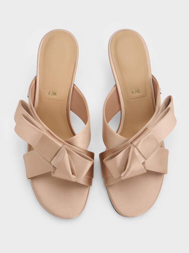 Sepatu Mules Heeled Pleated-Bow, Nude, hi-res
