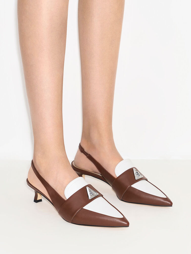 Sepatu Slingback Pumps Trice Metallic Accent Pointed-Toe, Brown, hi-res