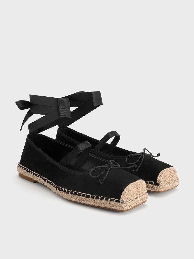 Sepatu Flats Espadrille Tie-Around Faux Suede Bernadine, Black Textured, hi-res