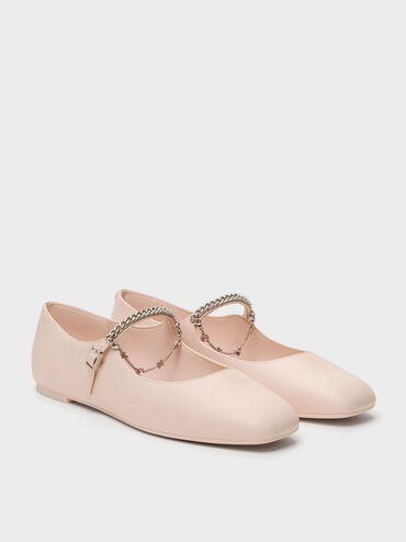 Sepatu Flats Mary Jane Charm Double-Chain, Pink, hi-res