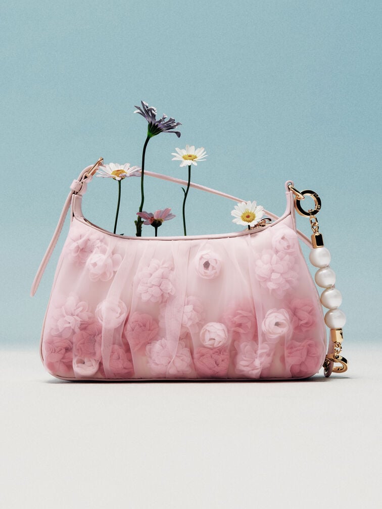Gift Set: Floral-Mesh Pearl-Strap Shoulder Bag, Light Pink, hi-res