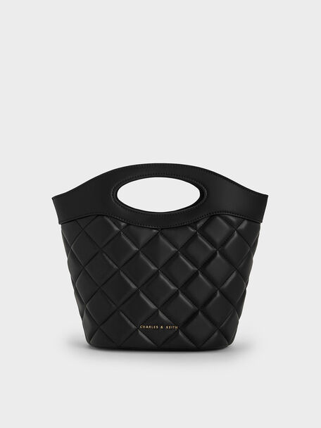 Tas Bucket Curved-Handle Quilted Chain-Link, Black, hi-res