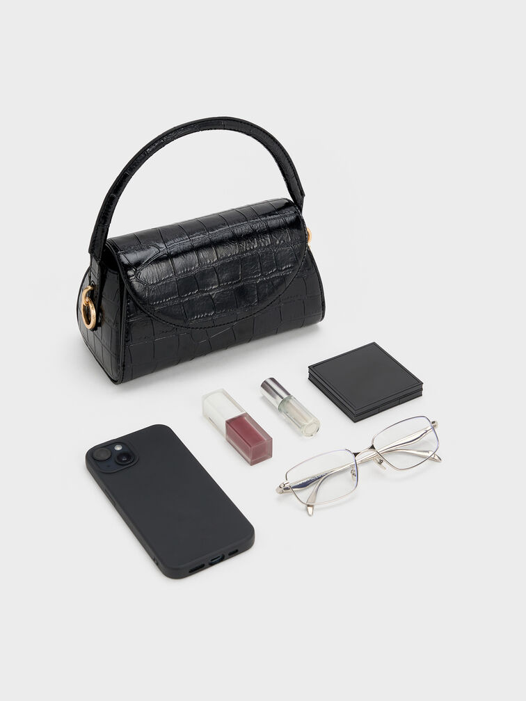 Tas Top Handle Front Flap Kaila Croc-Effect, Black Croco, hi-res