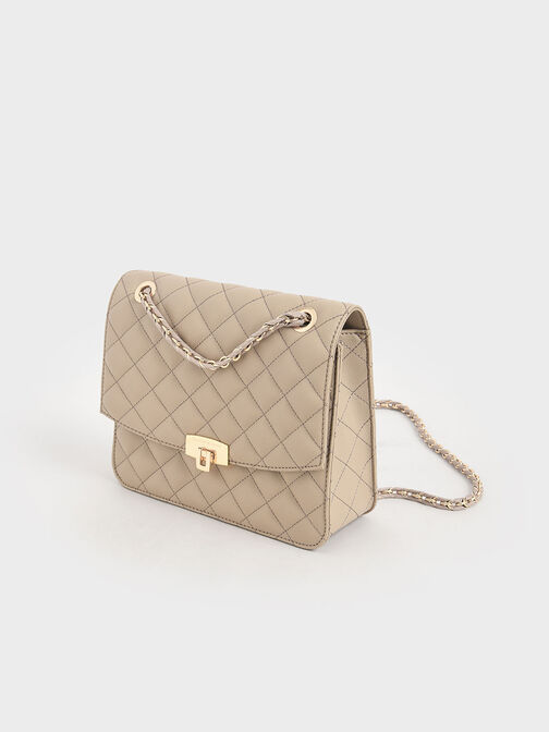 Quilted Chain Strap Clutch, Sand, hi-res