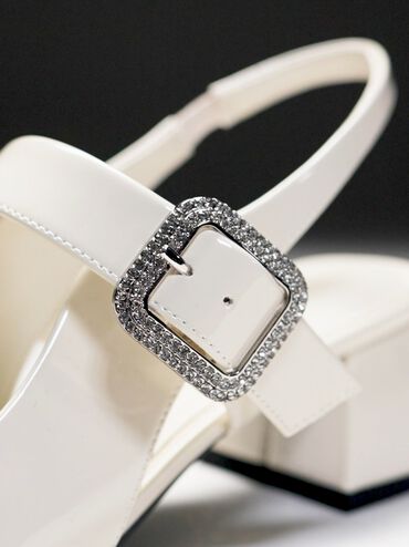 Patent Crystal-Buckle Block-Heel Slingback Pumps, Chalk, hi-res