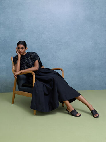 Sepatu Mules Heeled Glittered Mesh, Black Textured, hi-res