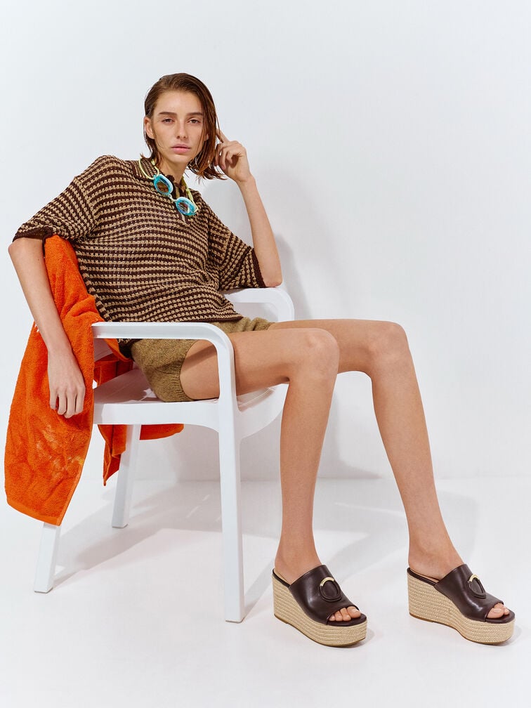 Sepatu Wedges Espadrille Metallic-Accent, Maroon, hi-res