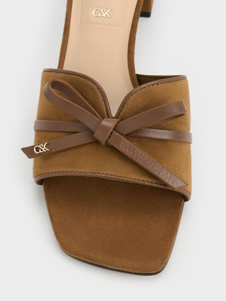 Leather & Suede Bow Heeled Mules, Brown, hi-res