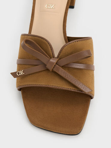 Sepatu Mules Heeled Bow Leather & Suede, Brown, hi-res