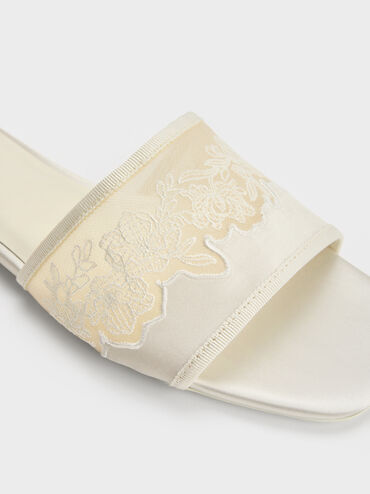 Sandal Selip Embroidered-Mesh Satin, White, hi-res