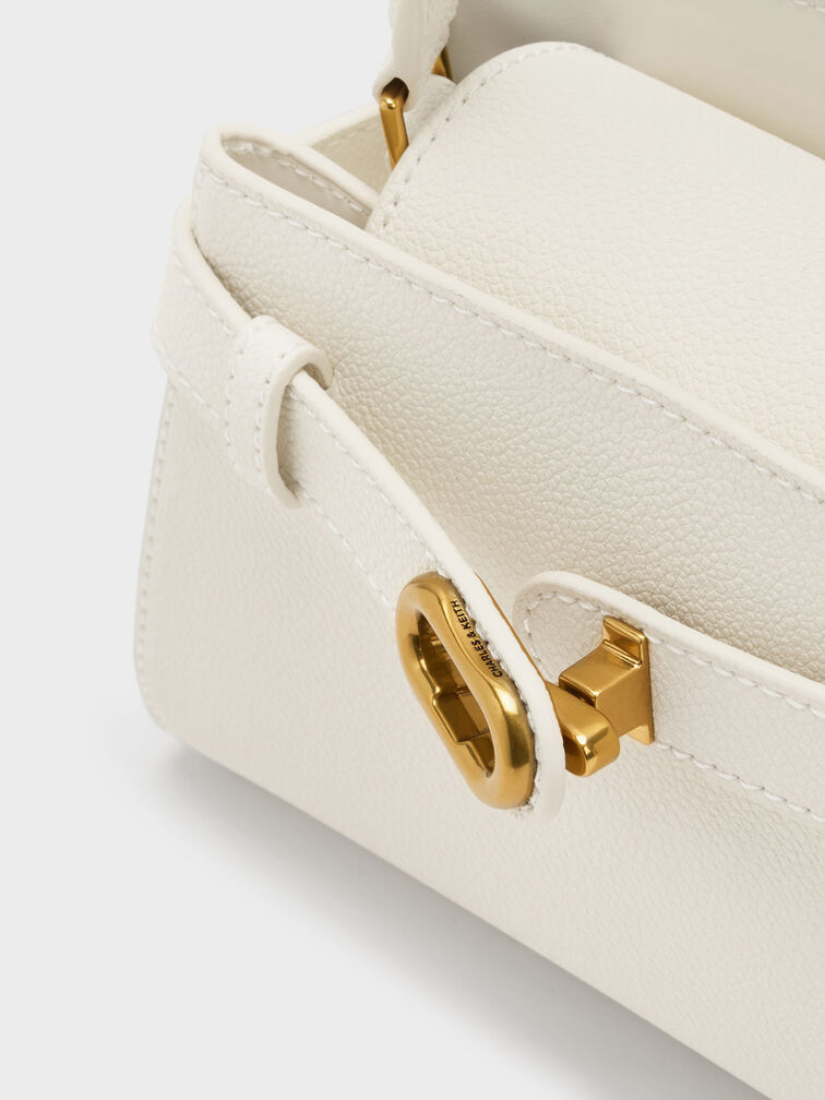 Tas Top Handle Metallic-Buckle Aubrielle, Cream, hi-res